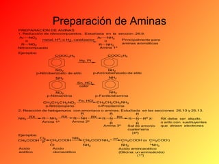 Preparación de Aminas
PREPARACION DE AMINAS
1. Reducción de nitrocompuestos. Estudiada en la sección 26.9.
Ar
NO2
Ar
NH2
metal, H+; o H2, catalizador
Principalmente para
o
o
aminas aromáticas
R
NO2
R
NH2
Amina 1º
Nitrocompuesto
Ejemplos:

COOC 2 H5

COOC 2 H5
H2, Pt

NO2
p-Nitrobenzoato de etilo

NH2
p-Aminobenzoato de etilo
NH2

NH2
Sn, HCI
calor

NH2
p-Fenilendiamina

NO2
p-Nitroanilina
CH3CH2 CH2NO2
p-Nitropropano

Fe, HCI

CH3CH2 CH2 NH2
n-Propilamina

2. Reacción de halogenuros con amoniaco o aminas. Estudiada en las secciones 26.10 y 26.13.
R
R
R
RX
RX
RX
RX
R
NH2
R
NH
NH3
R
N
R
N R XRX debe ser alquilo,
Amina 2º
Amina 1º
o arilo con sustituyentes
R
R
Amina 3º
que atraen electrones
Sal de amonio
cuaternaria
(4º)
Ejemplos:
CI2
NH3
+
CH2COOH
CH2 COO-NH4 + H
CH2 COOH (o CH2COO-)
CH3 COOH
P
+NH
CI
NH2
NH2
3
Acido
Acido
Acido aminoacético
acético
cloroacético
(Glicina: un aminoácido)
(1º)

 