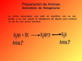 Preparación de Aminas
Amonólisis de Halogenuros
•

La amina secundaria, que está en equilibrio con su sal,
puede, a su vez, atacar al halogenuro de alquilo para producir
la sal de una amina terciaria:

R2NH + RX
Amina 2º

R3NH+X-

R3N
Amina 3º

 