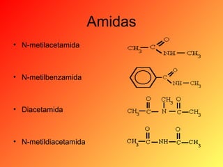 Amidas
• N-metilacetamida

• N-metilbenzamida

• Diacetamida

• N-metildiacetamida

 