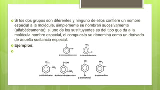  Si los dos grupos son diferentes y ninguno de ellos confiere un nombre
especial a la molécula, simplemente se nombran sucesivamente
(alfabéticamente); si uno de los sustituyentes es del tipo que da a la
molécula nombre especial, el compuesto se denomina como un derivado
de aquella sustancia especial.
 Ejemplos:

 