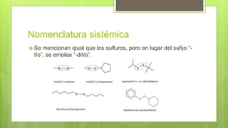 Nomenclatura sistémica
 Se mencionan igual que los sulfuros, pero en lugar del sufijo “-
tío”, se emplea “-ditío”.
 
