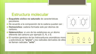 Estructura molecular
 Esqueleto cíclico no saturado de características
peculiares.
 De acuerdo a la composición de la cadena pueden ser :
 Homocíclico: cadena formada solo por átomos de
carbono.
 Heterocíclico: si uno de los eslabones es un átomo
diferente del carbono por ejemplo O, N, o S.
 El nombre genérico de los hidrocarburos aromáticos mono
y policíclicos es "areno" y los radicales derivados de ellos
se llaman radicales "arilo".
 