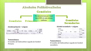 Se caracterizan por tener
dos (OH) en una mismo
carbono.
Alcohol primario + oxigeno
Nomenclatura:
El nombre del hidrocarburo seguido de Gendiol
Primario
Alcohol secundario + oxigeno
Nomenclatura:
El nombre del hidrocarburo seguido de Gendiol
secundario.
 