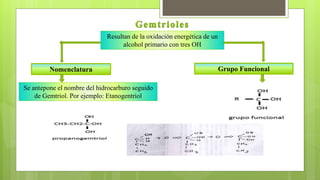Resultan de la oxidación energética de un
alcohol primario con tres OH
Nomenclatura Grupo Funcional
Se antepone el nombre del hidrocarburo seguido
de Gemtriol. Por ejemplo: Etanogentriol
 