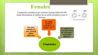 Compuestos aromáticos que contiene el grupo hidroxilo OH
unido directamente al carbono de un anillo aromático como el
benceno
Son muy
solubles en
éter, alcohol
etílico,
glicerina
Es solido
incoloro
cristalino, se
funde a 43 oc Se emplean en
la preparación
de colorantes,
materiales
plásticos
 