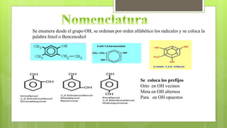 Se enumera desde el grupo OH, se ordenan por orden alfabético los radicales y se coloca la
palabra fenol o Bencenodiol
Se coloca los prefijos
Orto en OH vecinos
Meta en OH alternos
Para en OH opuestos
 