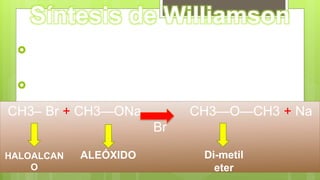 Síntesis de Williamson
Es la reacción entre un HALOALCANO
primario y un aleóxido
Es el método mas importante para preparar
éteres
CH3– Br + CH3—ONa CH3—O—CH3 + Na
Br
HALOALCAN
O
ALEÓXIDO Di-metil
eter
 