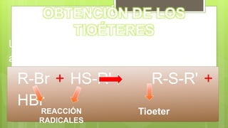 OBTENCIÓN DE LOS
TIOÉTERES
Los Tioéteres suelen prepararse por la
alquilación de los tioles:
R-Br + HS-R' R-S-R' +
HBr
REACCIÓN
RADICALES
Tioeter
 