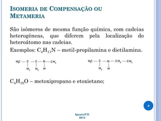ISOMERIA DE COMPENSAÇÃO OU
METAMERIA
São isômeros de mesma função química, com cadeias
heterogêneas, que diferem pela localização do
heteroátomo nas cadeias.
Exemplos: C4H11N – metil-propilamina e dietilamina.
C4H10O – metoxipropano e etoxietano;
9
Iguatu/CE
2013
 
