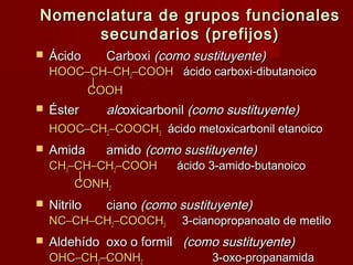 14
Nomenclatura de grupos funcionalesNomenclatura de grupos funcionales
secundarios (prefijos)secundarios (prefijos)
 ÁcidoÁcido CarboxiCarboxi (como sustituyente)(como sustituyente)
HOOC–CH–CHHOOC–CH–CH22–COOH–COOH ácido carboxi-dibutanoicoácido carboxi-dibutanoico
||
COOHCOOH
 ÉsterÉster alcalcoxicarboniloxicarbonil (como sustituyente)(como sustituyente)
HOOC–CHHOOC–CH22–COOCH–COOCH33 ácido metoxicarbonil etanoicoácido metoxicarbonil etanoico
 AmidaAmida amidoamido (como sustituyente)(como sustituyente)
CHCH33–CH–CH–CH–CH22–COOH–COOH ácido 3-amido-butanoicoácido 3-amido-butanoico
||
CONHCONH22
 NitriloNitrilo cianociano (como sustituyente)(como sustituyente)
NC–CH–CHNC–CH–CH22–COOCH–COOCH33 3-cianopropanoato de metilo3-cianopropanoato de metilo
 AldehídoAldehído oxo o formiloxo o formil (como sustituyente)(como sustituyente)
OHC–CHOHC–CH22–CONH–CONH22 3-oxo-propanamida3-oxo-propanamida
 