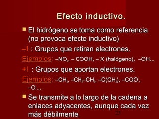 23
Efecto inductivo.Efecto inductivo.
 El hidrógeno se toma como referenciaEl hidrógeno se toma como referencia
(no provoca efecto inductivo)(no provoca efecto inductivo)
––II : Grupos que retiran electrones.: Grupos que retiran electrones.
EjemplosEjemplos:: –NO–NO22, – COOH, – X (halógeno), –OH..., – COOH, – X (halógeno), –OH...
+I+I : Grupos que aportan electrones.: Grupos que aportan electrones.
EjemplosEjemplos:: –CH–CH33, –CH, –CH22–CH–CH33, –C(CH, –C(CH33), –COO), –COO––
,,
–O–O––
......
 Se transmite a lo largo de la cadena aSe transmite a lo largo de la cadena a
enlaces adyacentesenlaces adyacentes, aunque cada vez, aunque cada vez
más débilmente.más débilmente.
 