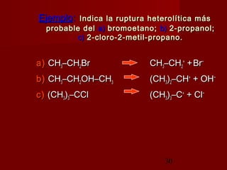 30
EjemploEjemplo:: Indica la ruptura heterolítica másIndica la ruptura heterolítica más
probable delprobable del a)a) bromoetano;bromoetano; b)b) 2-propanol;2-propanol;
c)c) 2-cloro-2-metil-propano.2-cloro-2-metil-propano.
a)a) CHCH33–CH–CH22BrBr CHCH33–CH–CH22
++
++BrBr––
b)b) CHCH33–CH–CH22OH–CHOH–CH33 (CH(CH33))22–CH–CH++
+ OH+ OH––
c)c) (CH(CH33))33–CCl–CCl (CH(CH33))33–C–C++
+ Cl+ Cl––
 