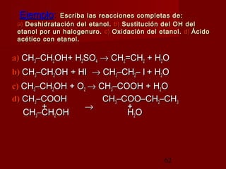 62
EjemploEjemplo:: Escriba las reacciones completas de:Escriba las reacciones completas de:
a)a) Deshidratación del etanol.Deshidratación del etanol. b)b) Sustitución del OH delSustitución del OH del
etanol por un halogenuro.etanol por un halogenuro. c)c) Oxidación del etanol.Oxidación del etanol. d)d) ÁcidoÁcido
acético con etanol.acético con etanol.
a)a) CHCH33–CH–CH22OH+ HOH+ H22SOSO44 →→ CHCH22=CH=CH22 + H+ H22OO
b)b) CHCH33–CH–CH22OH + HIOH + HI →→ CHCH33–CH–CH22– I– I + H+ H22OO
c)c) CHCH33–CH–CH22OH + OOH + O22 →→ CHCH33–COOH + H–COOH + H22OO
d)d) CHCH33–COOH–COOH CHCH33–COO–CH–COO–CH22–CH–CH33
++ →→ ++
CHCH33–CH–CH22OHOH HH22OO
 
