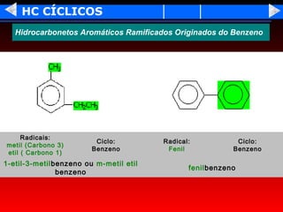 HC CÍCLICOS
   Hidrocarbonetos Aromáticos Ramificados Originados do Benzeno




     Radicais:
                          Ciclo:         Radical:           Ciclo:
metil (Carbono 3)
                         Benzeno          Fenil            Benzeno
etil ( Carbono 1)
1-etil-3-metil benzeno ou m-metil etil
                                                fenilbenzeno
                benzeno
 