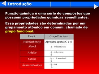 Introdução

Função química é uma série de compostos que
possuem propriedades químicas semelhantes.
Essa propriedades são determinadas por um
grupamento atômico em comum, chamado de
grupo funcional.
             Função            Grupo Funcional
         Hidrocarboneto     Apresenta apenas C e H
             Álcool

            Aldeído

             Cetona

        Ácido carboxílico
 