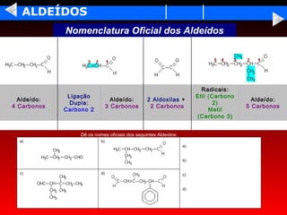 ALDEÍDOS
                                                              Nomenclatura Oficial dos Aldeídos


                                                           

                                                           




                                                                                                                         Radicais:
                                                               Ligação                                                 Etil (Carbono
           Aldeído:                                                                Aldeído:      2 Aldoxilas +                           Aldeído:
                                                                Dupla:                                                        2)
         4 Carbonos                                                              3 Carbonos       2 Carbonos                           5 Carbonos
                                                              Carbono 2                                                     Metil
                                                                                                                       (Carbono 3)


                                                                   Dê os nomes oficiais dos seguintes Aldeídos:
                   a)                                                       b)
                                                                                                                  a)


                                                                                                                  b)


                   c)                                                       d)                                    c)


                                                                                                                  d)
 