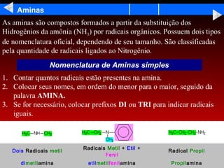 Aminas
As aminas são compostos formados a partir da substituição dos
Hidrogênios da amônia (NH3) por radicais orgânicos. Possuem dois tipos
de nomenclatura oficial, dependendo de seu tamanho. São classificadas
pela quantidade de radicais ligados ao Nitrogênio.
                 Nomenclatura de Aminas simples
1. Contar quantos radicais estão presentes na amina.
2. Colocar seus nomes, em ordem do menor para o maior, seguido da
   palavra AMINA.
3. Se for necessário, colocar prefixos DI ou TRI para indicar radicais
   iguais.



                          Radicais Metil + Etil +
   Dois Radicais metil                                 Radical Propil
                                  Fenil
      dimetilamina          etilmetilfenilamina         Propilamina
 