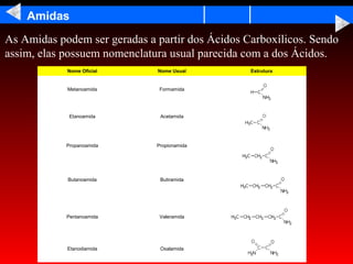 Amidas
As Amidas podem ser geradas a partir dos Ácidos Carboxílicos. Sendo
assim, elas possuem nomenclatura usual parecida com a dos Ácidos.
            Nome Oficial      Nome Usual         Estrutura


            Metanoamida        Formamida




             Etanoamida        Acetamida




            Propanoamida      Propionamida




            Butanoamida        Butiramida




            Pentanoamida       Valeramida




            Etanodiamida       Oxalamida
 