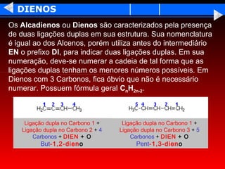 DIENOS
Os Alcadienos ou Dienos são caracterizados pela presença
de duas ligações duplas em sua estrutura. Sua nomenclatura
é igual ao dos Alcenos, porém utiliza antes do intermediário
EN o prefixo DI, para indicar duas ligações duplas. Em sua
numeração, deve-se numerar a cadeia de tal forma que as
ligações duplas tenham os menores números possíveis. Em
Dienos com 3 Carbonos, fica óbvio que não é necessário
numerar. Possuem fórmula geral CnH2n-2.



     Ligação dupla no Carbono 1 +     Ligação dupla no Carbono 1 +
    Ligação dupla no Carbono 2 + 4   Ligação dupla no Carbono 3 + 5
        Carbonos + DIEN + O              Carbonos + DIEN + O
          But-1,2-dieno                    Pent-1,3-dieno
 