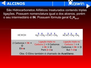ALCINOS
   São Hidrocarbonetos Alifáticos Insaturados contendo triplas
ligações. Possuem nomenclatura igual a dos alcenos, porém
o seu intermediário é IN. Possuem fórmula geral CnH2n-2.




                             Ligação tripla no    Ligação tripla no
      2 Carbonos + IN +
                          Carbono 2 + 5 Carbonos   Carbono 1 + 4
              O
                                 + IN + O        Carbonos + IN + O
            Etino
                                Pent-2-ino           But-1-ino
            Obs: O Etino também é chamado de Acetileno.
 