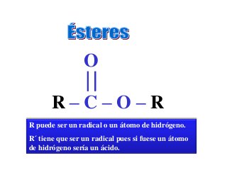 O
         
       R–C–O–R
R puede ser un radical o un átomo de hidrógeno.
R´ tiene que ser un radical pues si fuese un átomo
de hidrógeno sería un ácido.
 