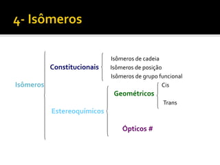 Isômeros de cadeia
           Constitucionais   Isômeros de posição
                             Isômeros de grupo funcional
Isômeros                                        Cis
                              Geométricos
                                                Trans
           Estereoquímicos

                                 Ópticos #
 