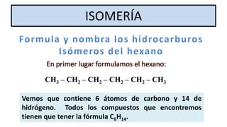 ISOMERÍA
En primer lugar formulamos el hexano:
CH3 – CH2 – CH2 – CH2 – CH2 – CH3
Vemos que contiene 6 átomos de carbono y 14 de
hidrógeno. Todos los compuestos que encontremos
tienen que tener la fórmula C6H14.
 