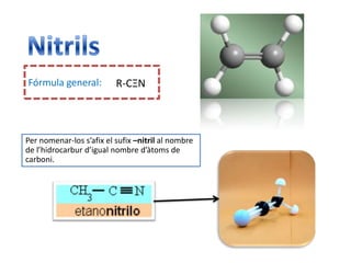 NitrilsFórmula general: R-CΞNPer nomenar-los s’afix el sufix–nitrilal nombre de l’hidrocarburd’igual nombre d’àtoms decarboni.