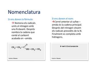 NomenclaturaSi ens donen el nom:L’arrel anterior al sufixe –amida és la cadena principal. Després del nitrogen situem els radicals precedits de la N. Finalment es completa amb hidrogens.Si ens donen la fórmula: Nomena els radicals units al nitrogen amb una N davant. Després nombra la cadena que conté el carbonil acabada en –amida. 