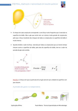 3

CFQ 8ºAno__Explicação e representação de reacções químicas

 O choque de cada corpúsculo corresponde a uma força muito fraquinha que é exercida na
superfície do balão. Mas o gás que enche tem um número muito grande de corpúsculos
pelo que a força resultante dos choques de todos os corpúsculos na superfície do balão é
muito intensa.
 Quando divides o valor da força exercida por todos os corpúsculos que ao mesmo tempo
chocam contra a superfície do balão, pela área da superfície do balão, tem-se o valor da
pressão do gás nele contido.

PRESSÃO : é a força com que as partículas de um gás exercem por unidade de superfície com
que chocam.

A pressão dos gases e a temperatura

Explicações 8ºAno

Paula Ribeiro Técnica Especializada em Microbiologia

 