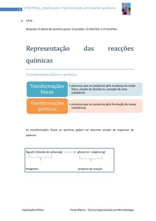 9

CFQ 8ºAno__Explicação e representação de reacções químicas

14=N
Resposta: O átomo de alumínio possui 13 protões, 13 electrões e 14 neutrões.

Representação

das

reacções

químicas
Transformações físicas e químicas

Transformações
físicas

• processo que se carateriza pela mudança do estdo
físico, estado de divisão ou posição de uma
substância

Transformações
químicas

• processo que se carateriza pela formação de novas
substâncias

As transformações físicas ou químicas podem ser descritas através de esquemas de
palavras:

Água(l) +Dióxido de carbono(g)

glicose (s) + oxigénio (g)

Reagentes

produtos de reacção

Explicações 8ºAno

Paula Ribeiro Técnica Especializada em Microbiologia

 