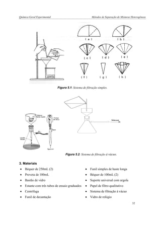 Química Geral Experimental Métodos de Separação de Misturas Heterogêneas 
Figura 5.1: Sistema de filtração simples. 
Figura 5.2: Sistema de filtração à vácuo. 
3. Materiais 
 Béquer de 250mL (2)  Funil simples de haste longa 
 Proveta de 100mL  Béquer de 100mL (2) 
 Bastão de vidro  Suporte universal com argola 
 Estante com três tubos de ensaio graduados  Papel de filtro qualitativo 
 Centrífuga  Sistema de filtração à vácuo 
 Funil de decantação  Vidro de relógio 
Vácuo 
32 
 