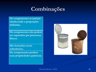 Combinações
Os componentes se juntam
obedecendo a proporções
definidas.
Os componentes não podem
ser separados por processos
físicos.
São formadas novas
substâncias.
Os componentes perdem
suas propriedades químicas.
Ciências Naturais - ICRM 16
 