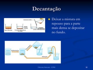 Decantação
 Deixar a mistura em
repouso para a parte
mais densa se depositar
no fundo.
Ciências Naturais - ICRM 32
 