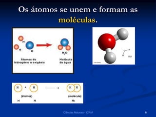 Os átomos se unem e formam as
moléculas.
Ciências Naturais - ICRM 6
 