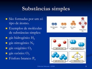 Substâncias simples
 São formadas por um só
tipo de átomo.
 Exemplos de moléculas
de substâncias simples:
 gás hidrogênio: H2
 gás nitrogênio: N2
 gás oxigênio: O2
 gás ozônio: O3
 Fósforo branco: P4
Ciências Naturais - ICRM 9
 