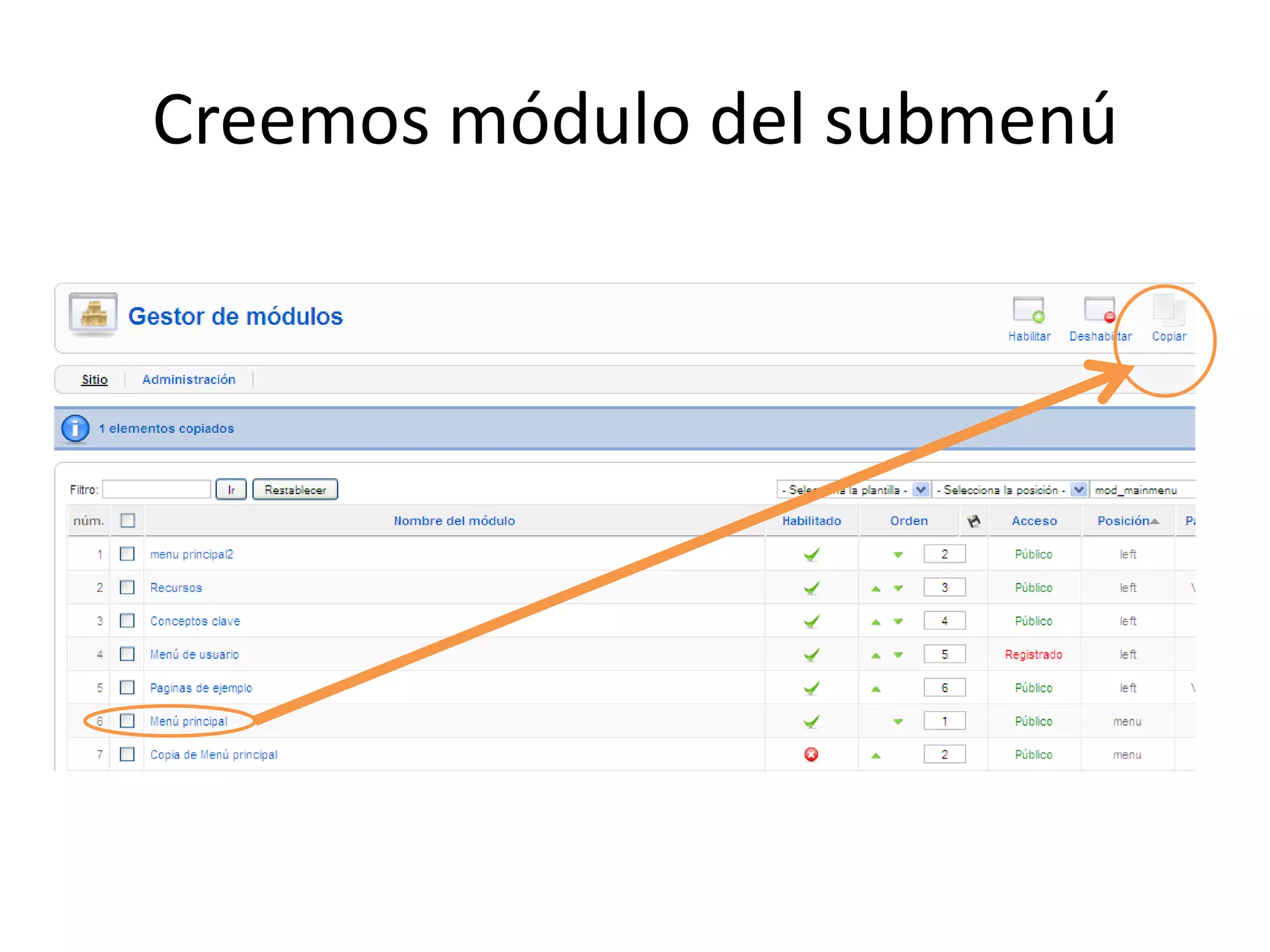 Creemos módulo del submenú 