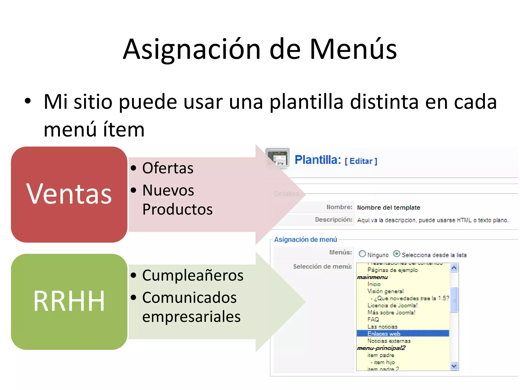 Asignación de MenúsMi sitio puede usar una plantilla distinta en cada menú ítem