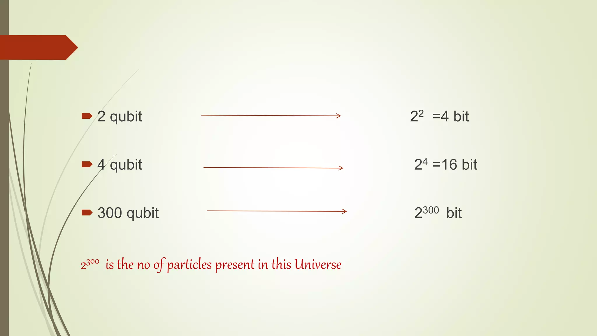  2 qubit 22 =4 bit
 4 qubit 24 =16 bit
 300 qubit 2300 bit
2300 is the no of particles present in this Universe
 