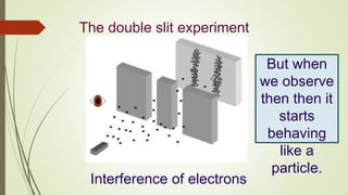 The double slit experiment
Interference of electrons
But when
we observe
then then it
starts
behaving
like a
particle.
 