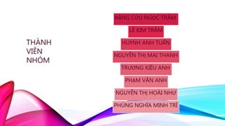 ĐẶNG CỬU NGỌC TRÂM
LÊ KIM TRÂM
HUỲNH ANH TUẤN
NGUYỄN THỊ MAI THANH
TRƯƠNG KIỀU ANH
PHẠM VÂN ANH
NGUYỄN THỊ HOÀI NHƯ
PHÙNG NGHĨA MINH TRÍ
THÀNH
VIÊN
NHÓM
 