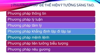 7 PHƯƠNG PHÁP ĐỂTHỂ HIỆNÝTƯỞNG SÁNGTẠO.
Phương pháp thông tin
Phương pháp lý luận
Phương pháp tâm lý
Phương pháp khẳng định lặp đi lặp lại
Phương pháp mệnh lệnh
Phương pháp liên tưởng biểu tượng
Phương pháp nêu gương
 