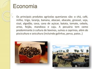 Economia
 Os principais produtos agrícolas quenianos são: o chá, café,
milho, trigo, laranja, banana, abacaxi, abacate, girassol, soja,
sisal, algodão, coco, cana de açúcar, batata, tomate, cebola,
arroz, feijão, mandioca e caju. A pecuária tem como
predominante à cultura de bovinos, suínos e caprinos, além de
piscicultura e avicultura (incluindo galinhas, perus, patos..)
 