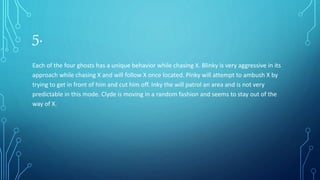 5.
Each of the four ghosts has a unique behavior while chasing X. Blinky is very aggressive in its
approach while chasing X and will follow X once located. Pinky will attempt to ambush X by
trying to get in front of him and cut him off. Inky the will patrol an area and is not very
predictable in this mode. Clyde is moving in a random fashion and seems to stay out of the
way of X.
 