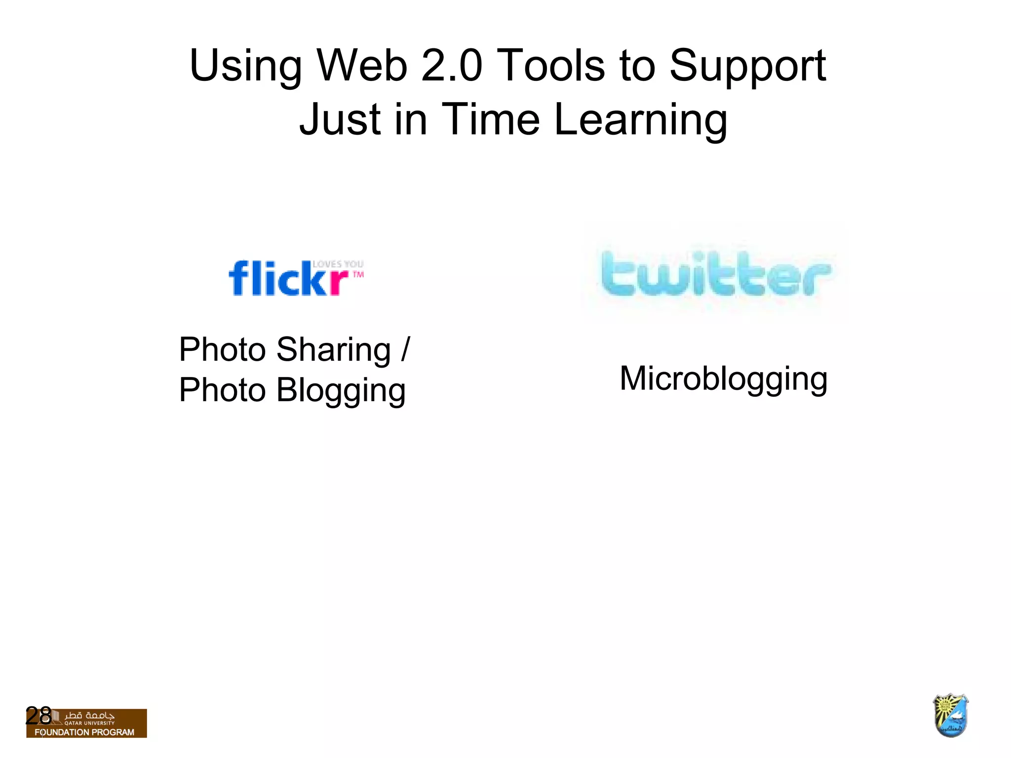 Using Web 2.0 Tools to Support  Just in Time Learning Microblogging Photo Sharing / Photo Blogging 