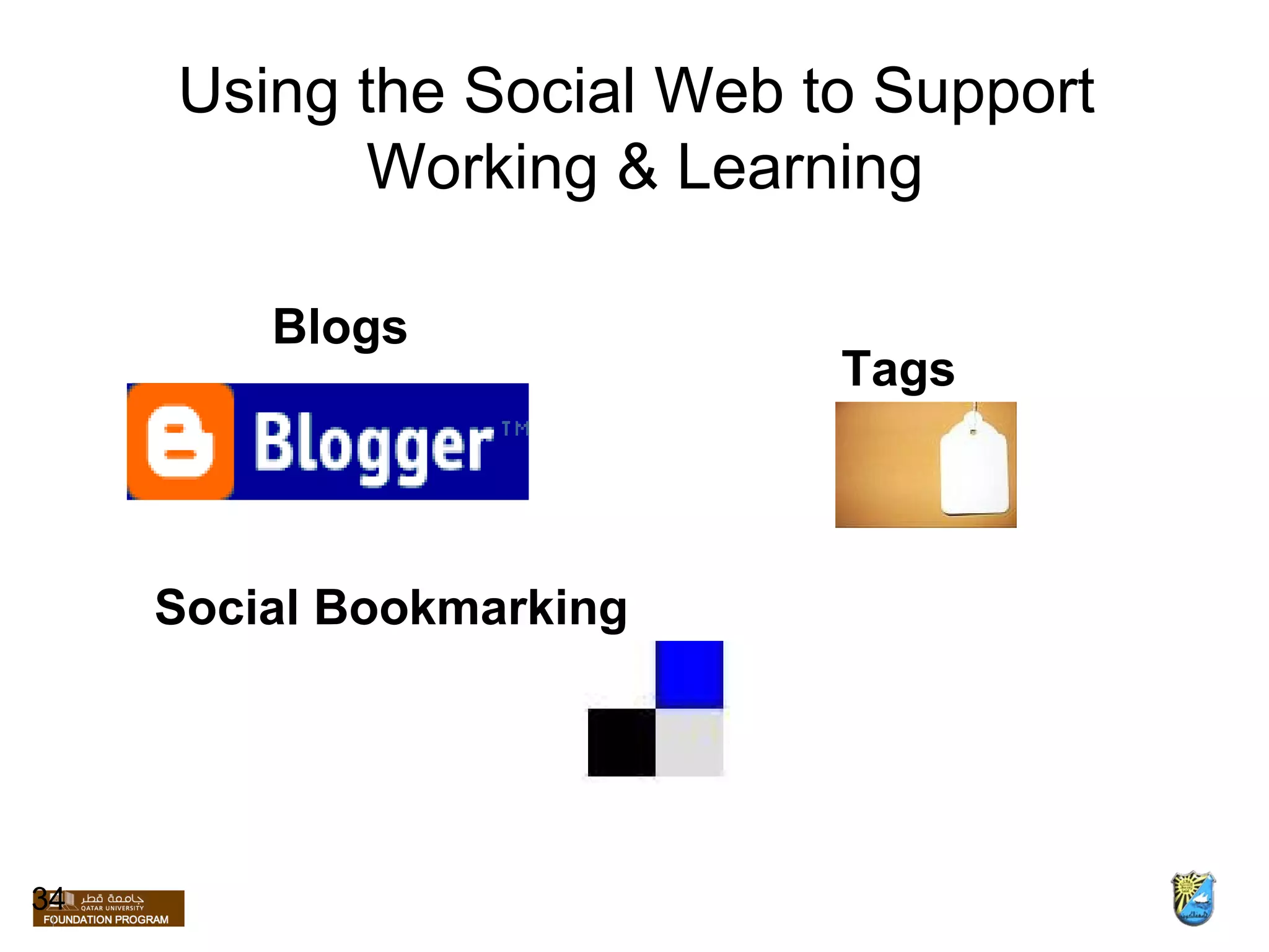 Blogs   Tags Using the Social Web to Support  Working & Learning Social Bookmarking 