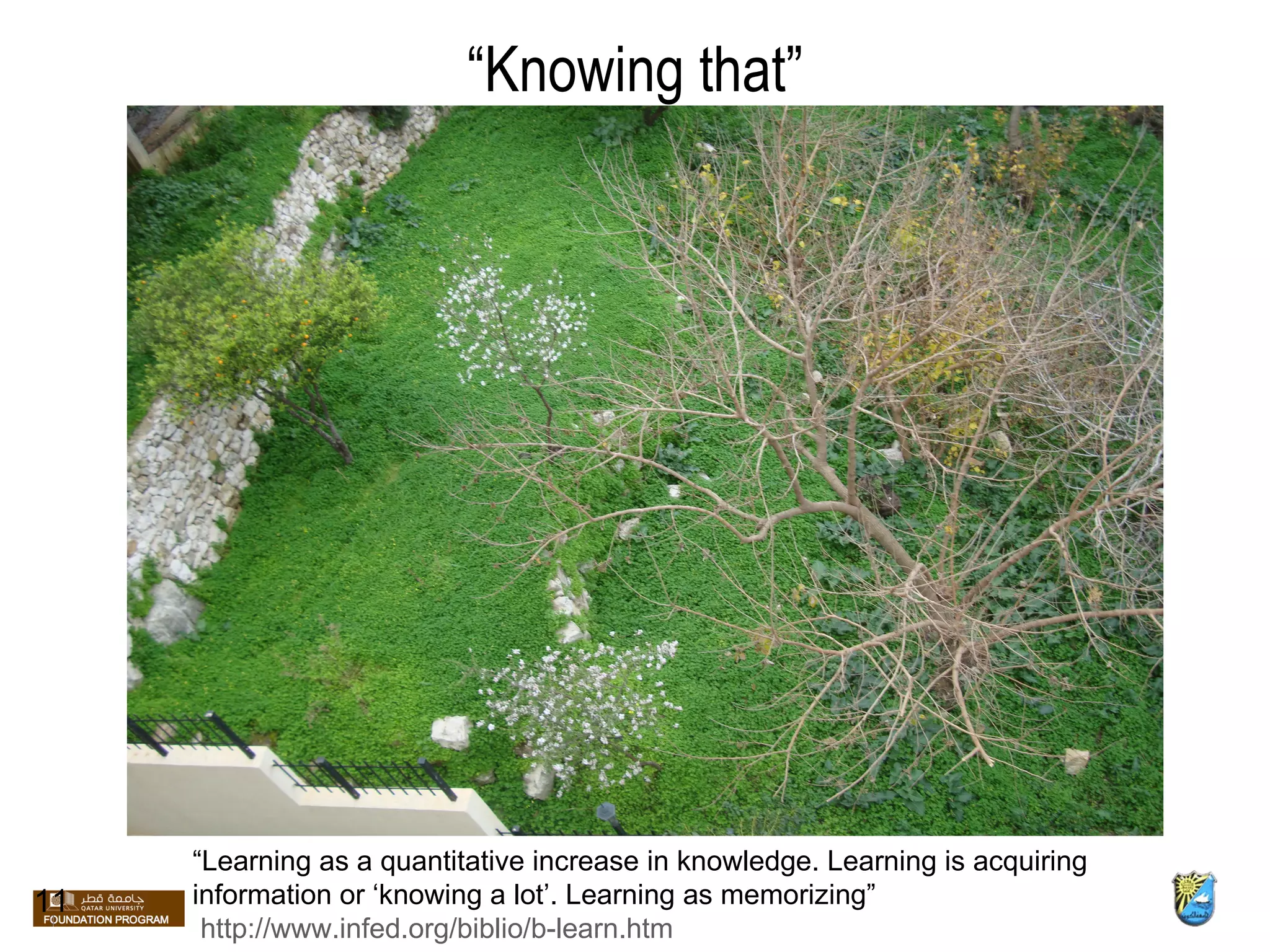 “ Knowing that” 11 “ Learning as a quantitative increase in knowledge. Learning is acquiring information or ‘knowing a lot’. Learning as memorizing”   http://www.infed.org/biblio/b-learn.htm 
