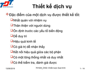 1 - 14
13/06/2019
Đặc điểm của một dịch vụ được thiết kế tốt:
Nhất quán với nhiệm vụ
Thân thiện với người dùng
Ổn định trước các yếu tố biến động
Dễ duy trì
Hiệu quả kinh tế
Có giá trị dễ nhận thấy
Kết nối hiệu quả giữa các bộ phận
Có một tông thống nhất và duy nhất
Có thể kiểm tra, đánh giá được
Thiết kế dịch vụ
701024_Ch02: Chiến lược Quá trình
 