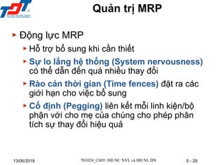 5 - 29
13/06/2019
Quản trị MRP
▶ Động lực MRP
▶ Hỗ trợ bổ sung khi cần thiết
▶ Sự lo lắng hệ thống (System nervousness)
có thể dẫn đến quá nhiều thay đổi
▶ Rào cản thời gian (Time fences) đặt ra các
giới hạn cho việc bổ sung
▶ Cố định (Pegging) liên kết mỗi linh kiện/bộ
phận với cho mẹ của chúng cho phép phân
tích sự thay đổi hiệu quả
701024_Ch05: HĐ NC NVL và HĐ NL DN
 