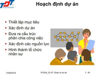 7 - 42
13/06/2019
▶ Thiết lập mục tiêu
▶ Xác định dự án
▶ Đưa ra cấu trúc
phân chia công việc
▶ Xác định các nguồn lực
▶ Hình thành tổ chức
nhân sự
Hoạch định dự án
701024_Ch 07: Quản trị dự án
 